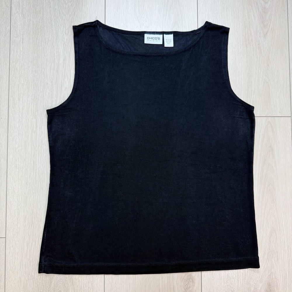 Chicos Travelers Tank Top Womens 3 Black Stretch Acetate Spandex Sleeveless Y2K